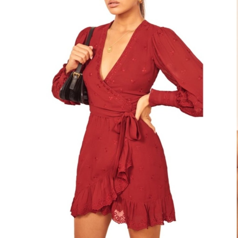 NWOT Reformation Clare Embroidered Wrap Minidress